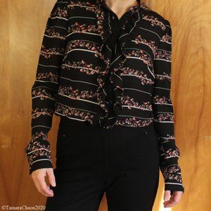 Black Ruffled Top with Pink Flowers